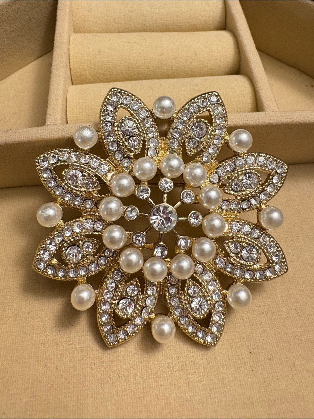 MONET Gold Pearl & Crystal Floral Brooch - Women Jewelry